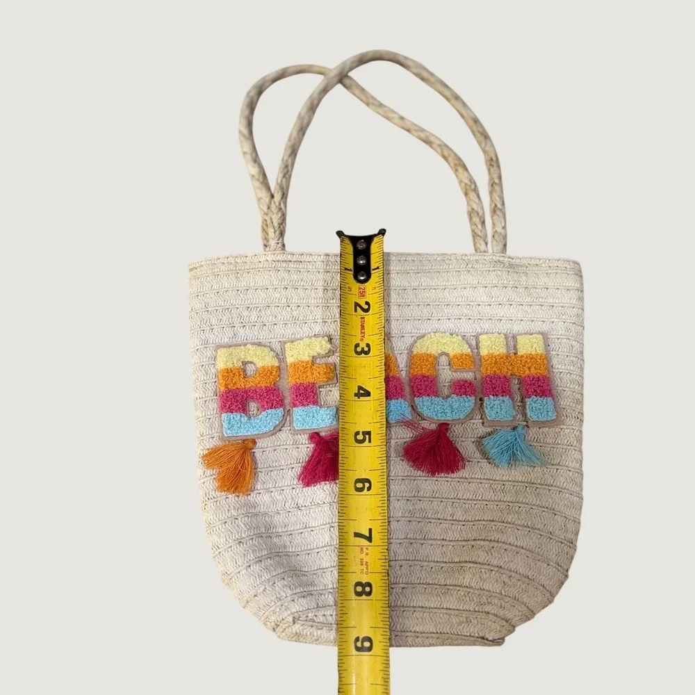 Kids Beach Straw Tote Bag Rainbow Chenille Patch Tassels Woven Summer Bag